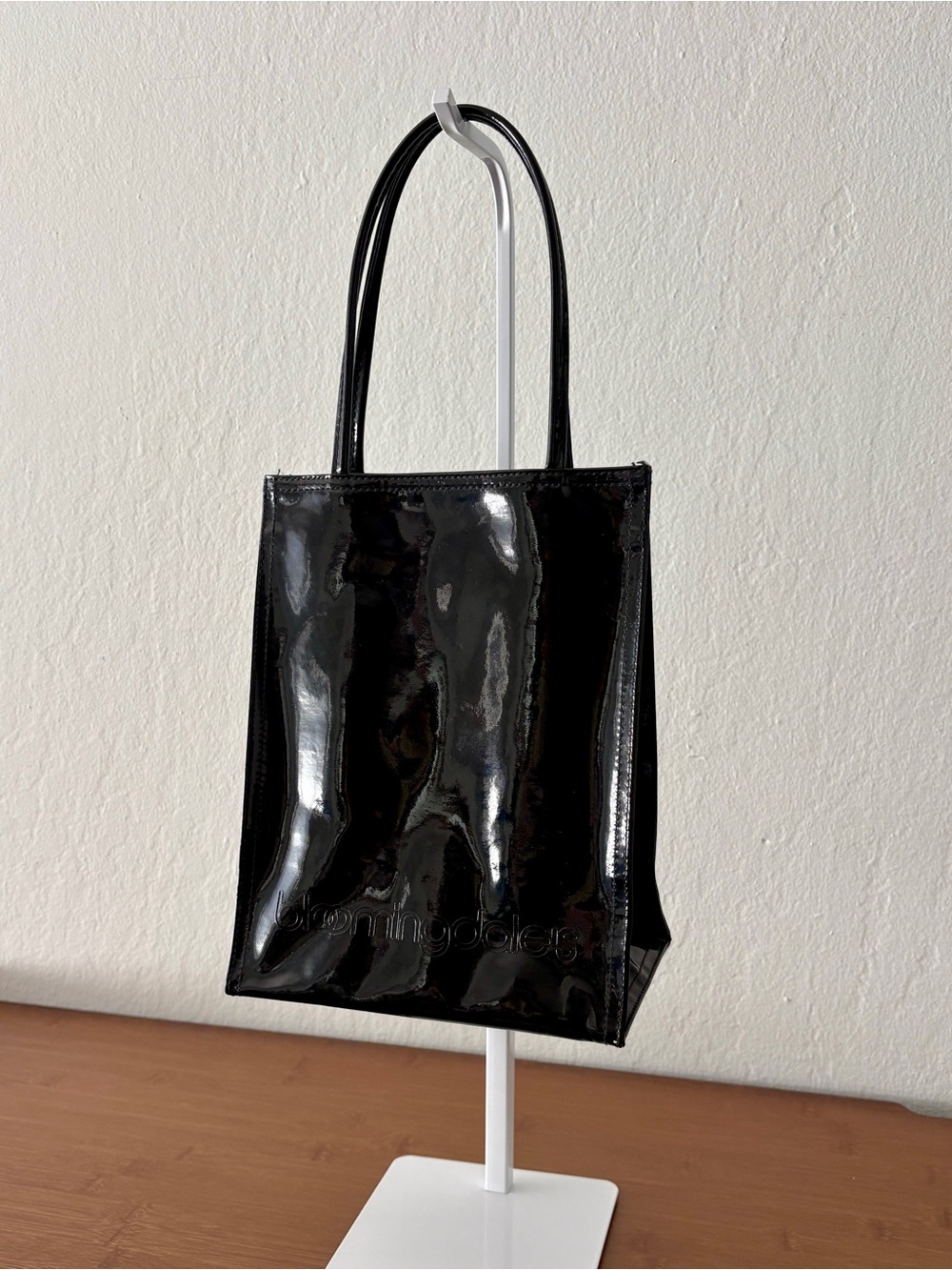Bloomingdale’s Black Vinyl PVC Mini Tote Bag - Little Black Bag - Novelty - Gift